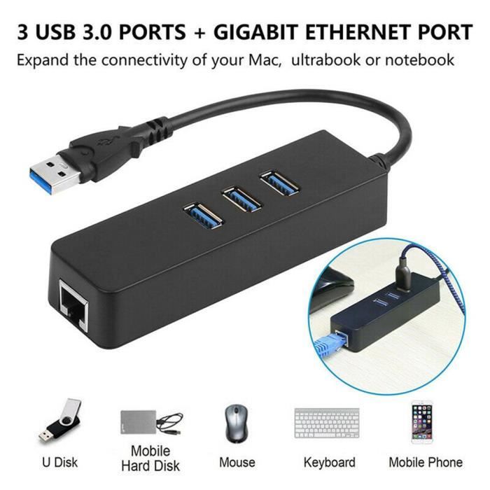 Stations d'accueil,3 Ports Usb 3.0 Gigabit Ethernet Lan Rj45 adaptateur réseau Hub à 1000Mbps Pl Rj45 adaptateur réseau Hub
