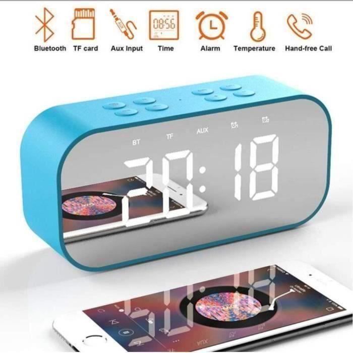 Enceinte bluetooth acve LED Horloge Digitale Réveil Miroir Haut Parleur Bluetooth sans fil Support TF USB lecteur Musique Bleu