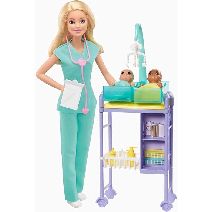 Poupées mannequins et accessoires Barbie Métiers coffret poupée Pédiatre blonde avec cabinet médical, deux bébés et acce 258636
