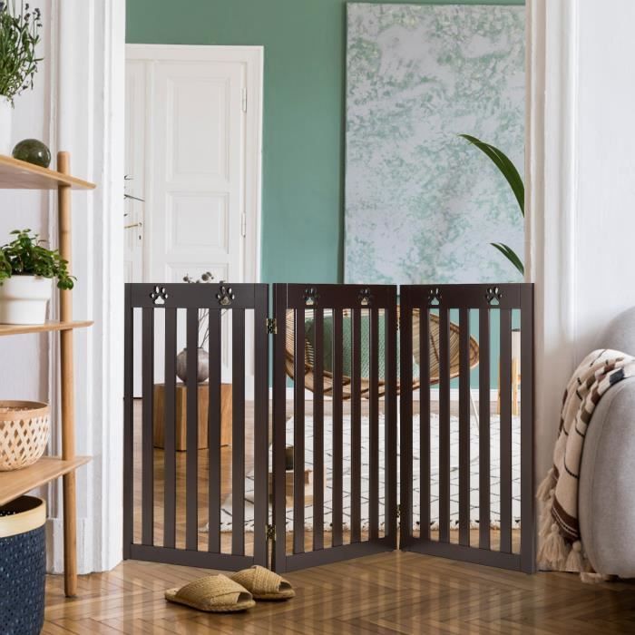 COSTWAY Barrière Autoportante pour Chien 3 Panneaux en Bois Charnières Métalliques à 360° sans Perçage pour Maison Escaliers Marron