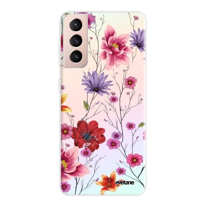 Coque holographique pour Samsung Galaxy S21 5G - EVETANE - Modèle : Fleurs Multicolores