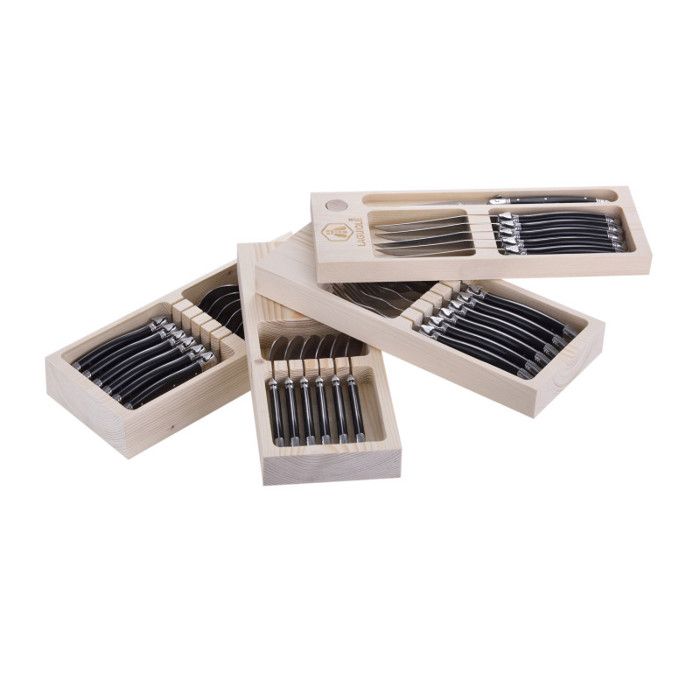 Laguiole L'Eclair Ménagère 24 pièces, noir, dans une Boîte en Bois