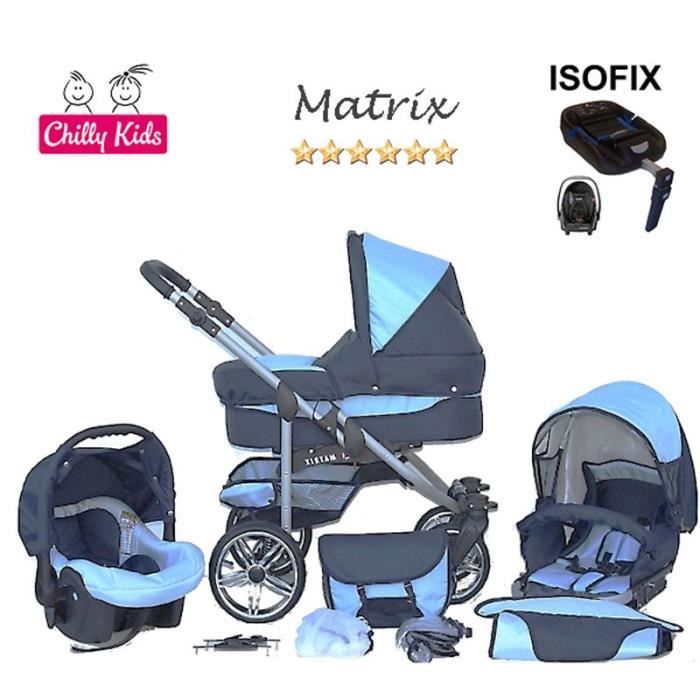 Matrix2 Poussette Trio ISOFIX Nacelle Siège Auto Poussette Canne Chancelière 19 bleu marine & bleu clair