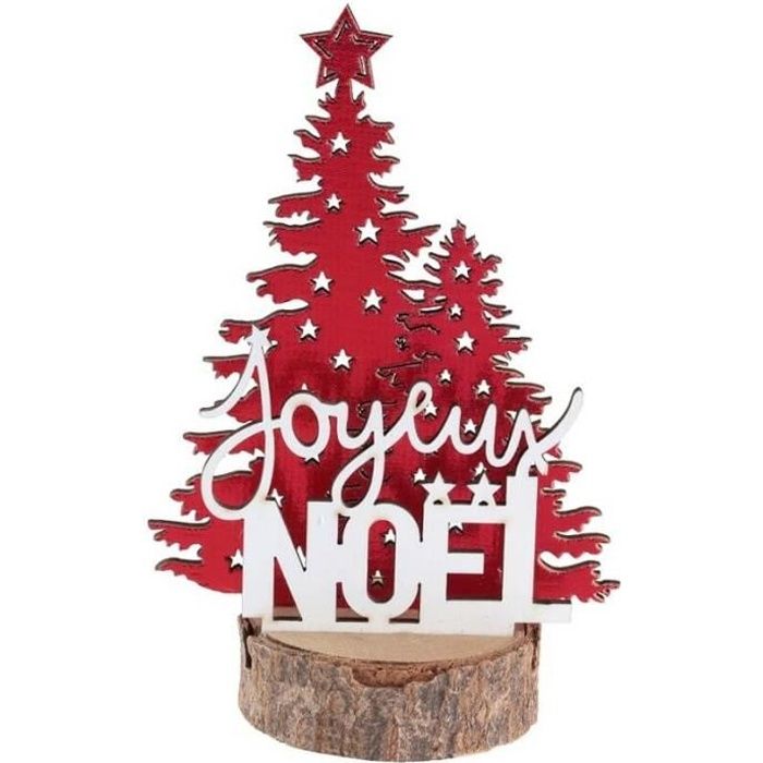 Décoration de table Joyeux Noël avec sapin rouge sur socle en bois (x1) REF/7066