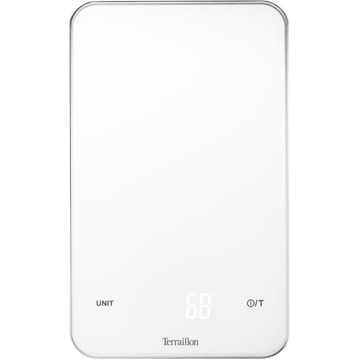 TERRAILLON 14455 - Balance culinaire banche - 5KG - Verre - Magic LED - Tare - Boutons sensitifs - conversion G / ML / LB.OZ / FL.OZ