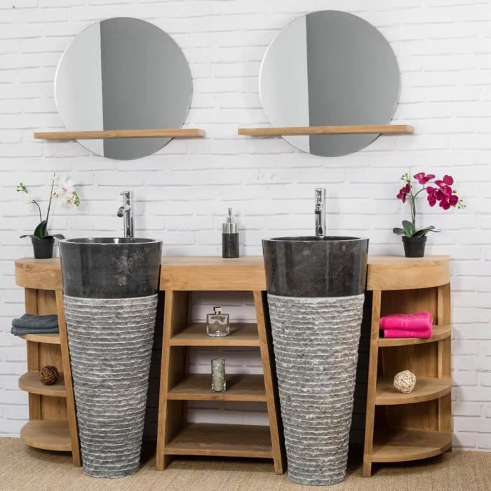 Meuble sous vasque en teck Florence double 180cm + vasques noir