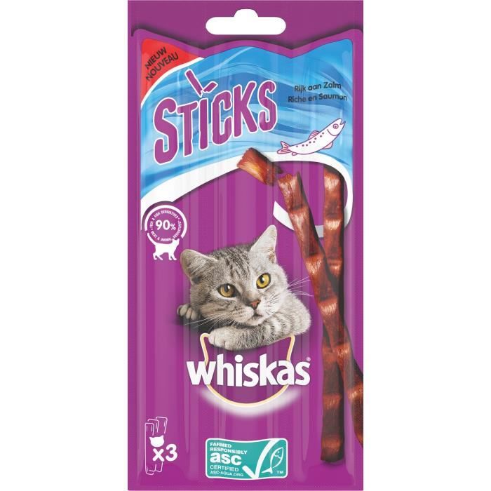 WHISKAS Friandises Sticks - Au saumon - Pour chat - 3 x 6 g