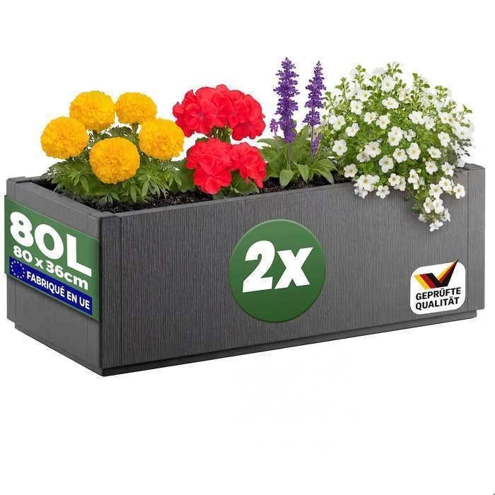 Lot de 2x Jardinières Ethica Anthracite CASARIA® 80L Résistante Fond découlement Bac à fleurs Pot de fleurs pour Jardin Balcon