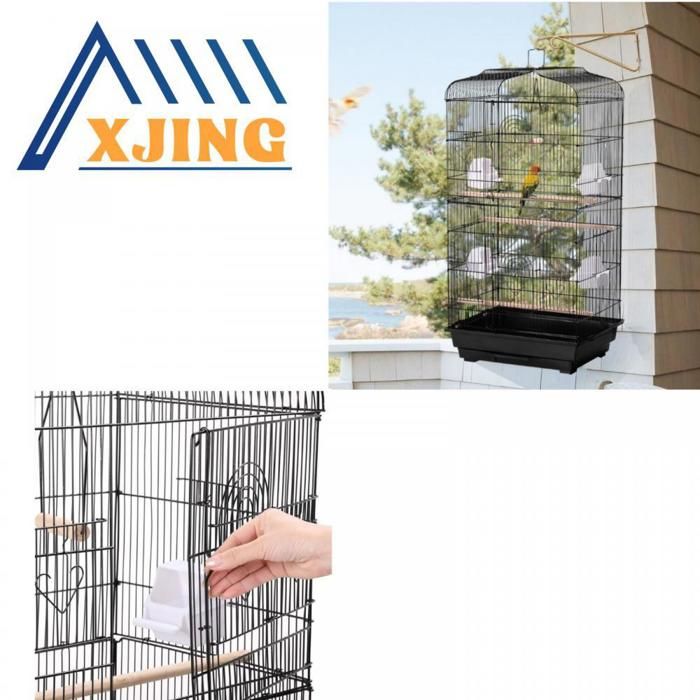 Meilleurs prix pour XJING Cage à oiseaux en métal noir, 3 perchoirs, 50*45*17cm, 4 mangeoires, construction robuste