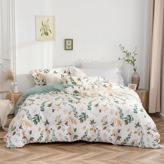 Parure de Couette Coton MILDLY - Housse de Couette 200x200 cm + 2 Taie doreiller 65x65 cm - Parure de Lit Motif Fleurs Imprimée