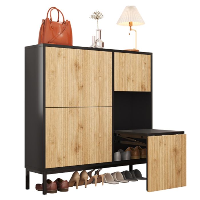 Meuble Armoire à Chaussure bois de entreeavec tabouret changement  étagère à chaussures à trois plis et étagère ouverte