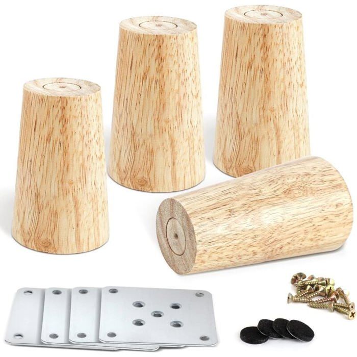 Lot de 4 Pieds de Meuble en Bois 8 cm Pieds de Canapé de Rechange Table Basse Jambes avec Accessoires(Conception à Angle Droit)