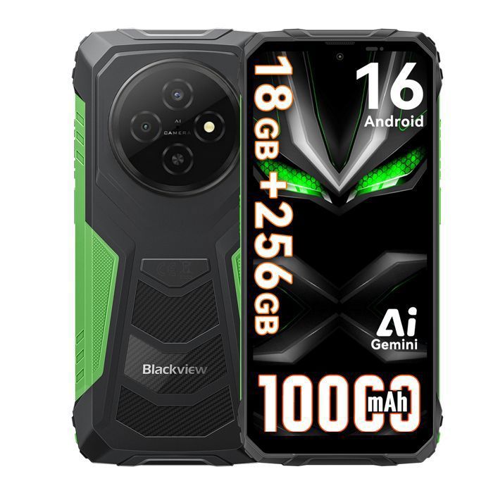 Téléphone Portable Incassable Blackview FORT - Smartphone robuste 656 Android 16 18Go+256Go10000mAh16MP+8MPIP68/IP69KNFC-Vert