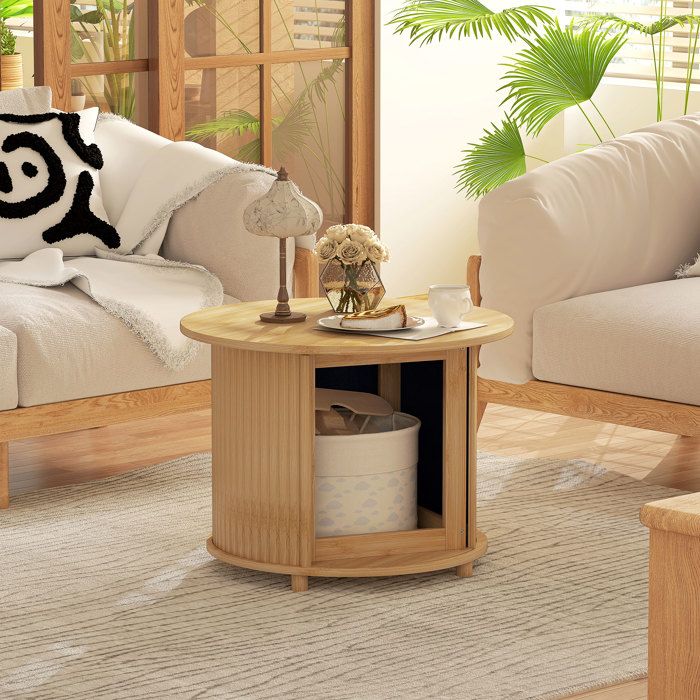 Table basse ronde table de salon en bambou avec rangement caché et porte coulissante dim. Ø 60 x 45H cm bois naturel
