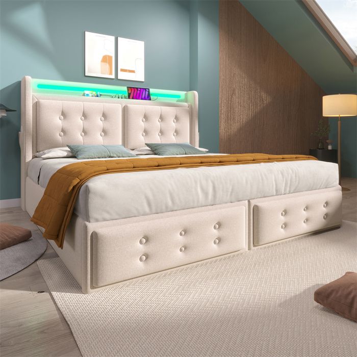 Lit coffre rembourré 160x200 cm beige avec tête LED port USB‑C sommier à lattes capacité 300 kg — sans matelas