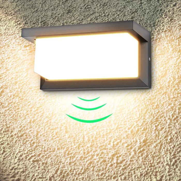 Lampadaire Mural LX-601 Noir Sable (Modèle A) 18W LED. Détection Corporelle Etanche Lumière Chaud pour Balcon Escalier Cour