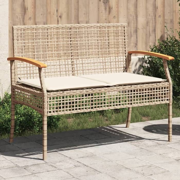Banc de jardin en résine tressée - vidaXL - Coussin beige - 108x57x85 cm - Résine tressée - Bois dacacia