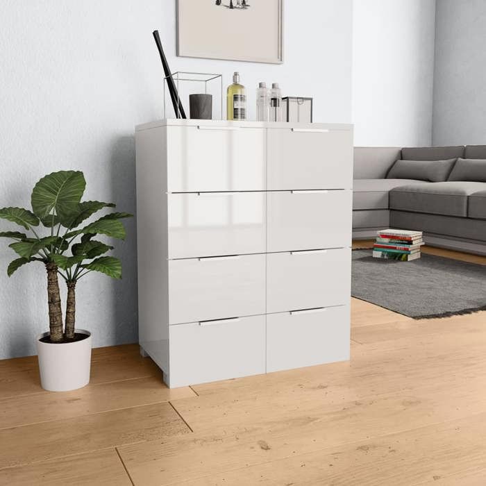 Buffet blanc brillant - Happiness - 60x35x80 cm - Bois dingénierie - 8 tiroirs - Facile à nettoyer
