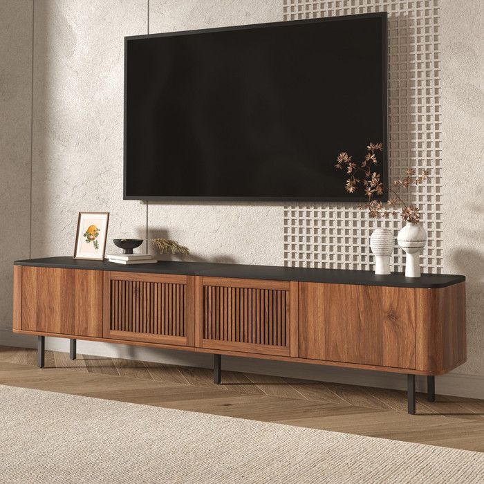 Meuble TV Moderne Meuble télé avec 4 Portes Design Unique Banc TV avec Grand Espace de Rangement pour Salon 190x35x45cm Noyer