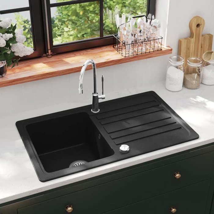 BURKE@ Noir Évier de cuisine en granite avec égouttoir réversible Noir 17.95 kg Haute qualité A228