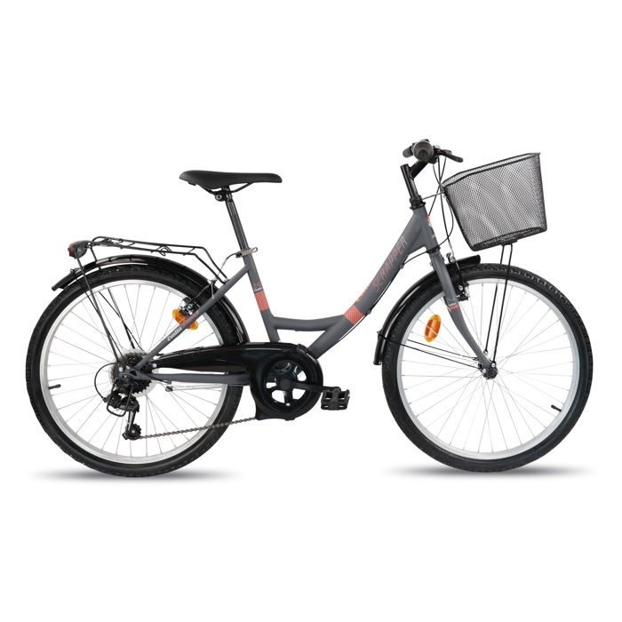 Vélo 24 SCRAPPER idéal pour une taille comprise entre 1.40 et 1.60m équipé de 6 vitesses et d’un équipement complet City