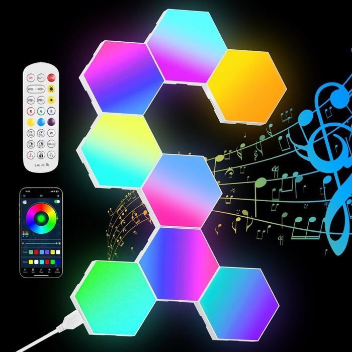 8pcs Lampe Gaming LED Smart RGB 16 Millions Couleurs Contrôle des Applications Sync avec Musique DIY Géométrique
