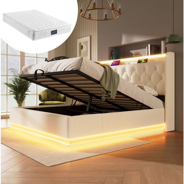Lit coffre 140 × 200 cm en PU blanc avec LED 360° USB-C et matelas