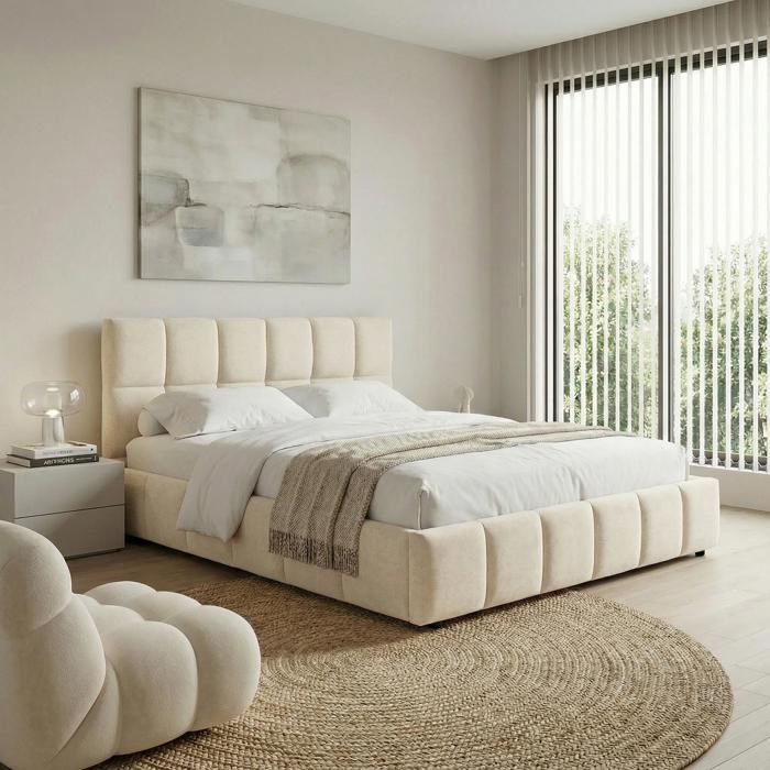 Lit Double EMILIA Rembourré 160 x 200 cm Queen Size Blanc Crème avec Sommier à Lattes Inclus Design Bubble