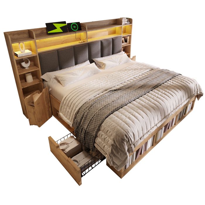 Lit double 160x200 cm FloraGrace - LED avec USB et USB-C rangements et tables de chevet sans Matelas - Chêne