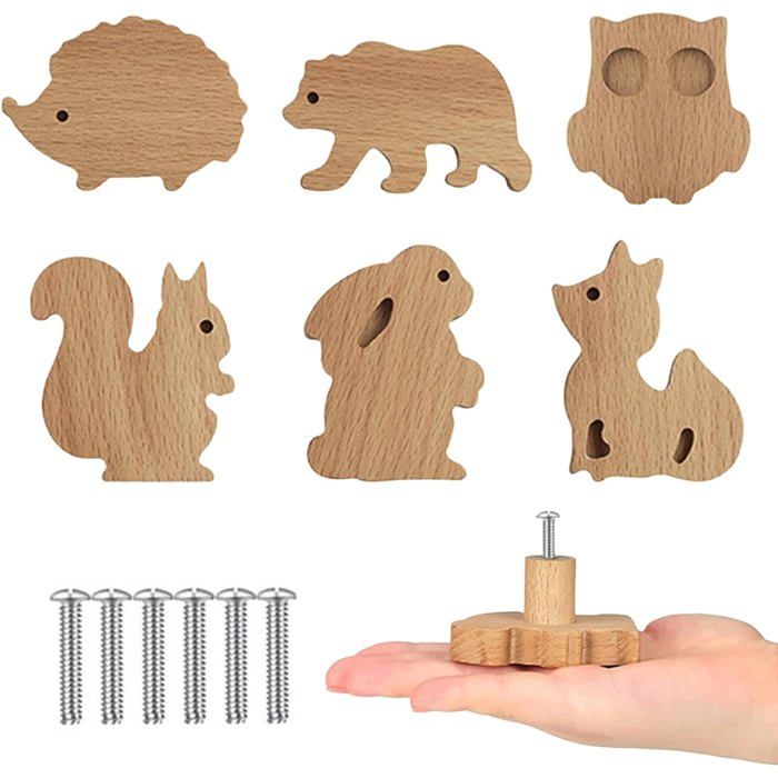 Poignée Meuble 6 Pièces Boutons en Bois Massif Motif Animaux Mignons Texture Naturelle Décoration pour Chambre dEnfant Boutons