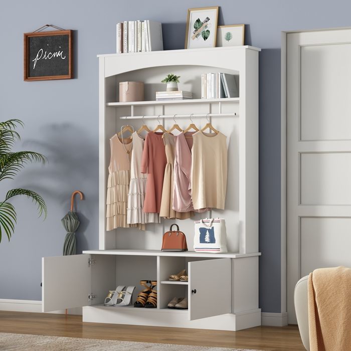 Ensemble de Meubles de Couloir avec Banc à Chaussures Portant a Vetement avec 2 Portes et Tringle Vestiaire dEntrée Moderne