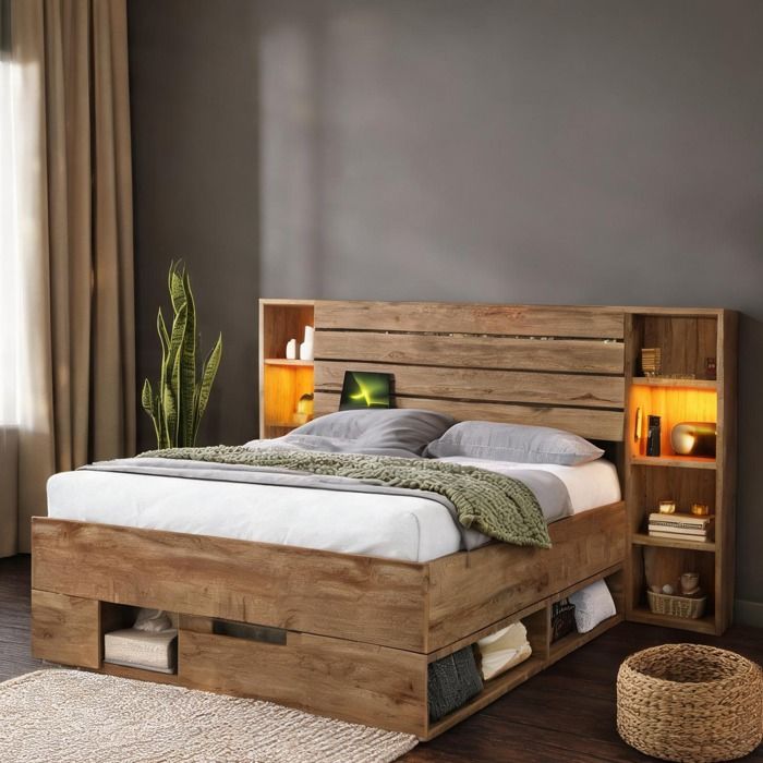 Lit double 160×200 cm en bois et métal avec rangement et LED USB-C couleur chêne