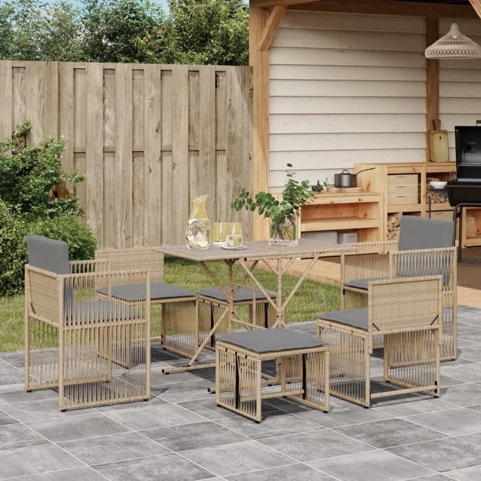 VIDAXL Ensemble Table avec chaises jardin et coussins - (7 pcs) - anti-uv - beige poly rotin 104x56x72 cm M9078