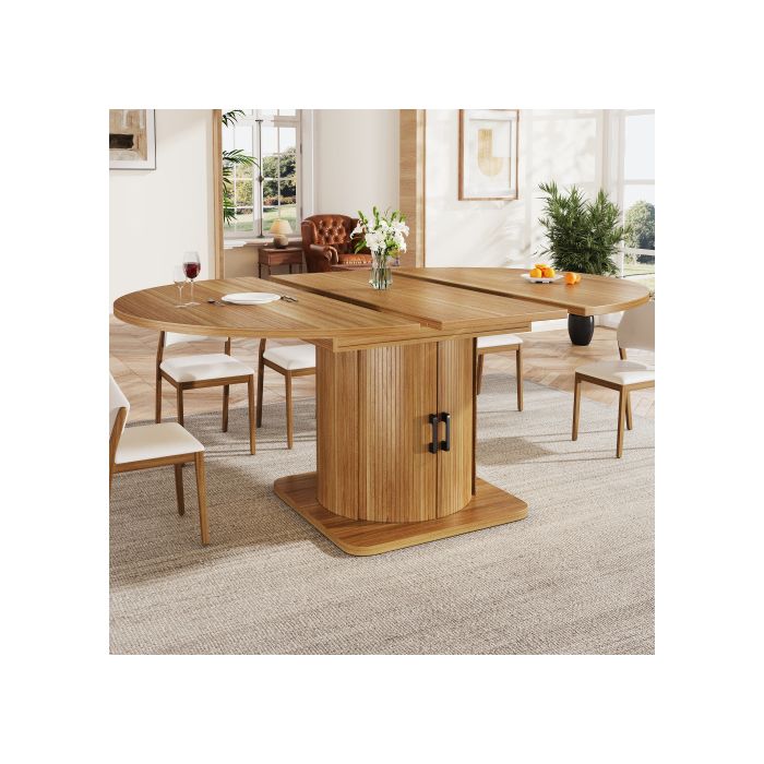 Table à Manger Extensible Ovale 118-158x118x76 cm pour 6 Personnes avec Tiroirs MDF Naturel