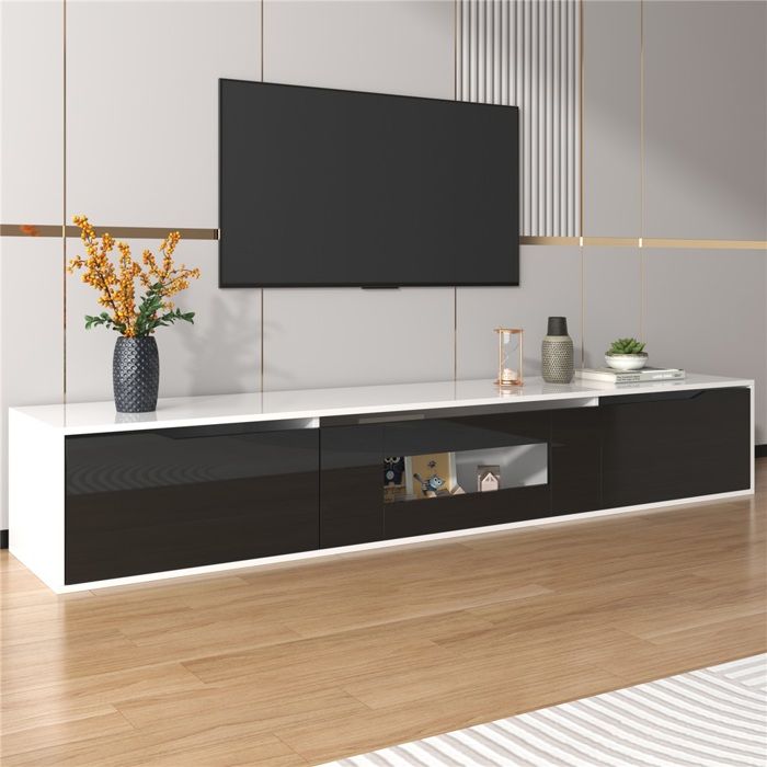 Meuble TV LED Banc-RGB Intégré-Noir Blanc Haute Brillance-180x30x35cm-Salon Moderne-Design Élégant