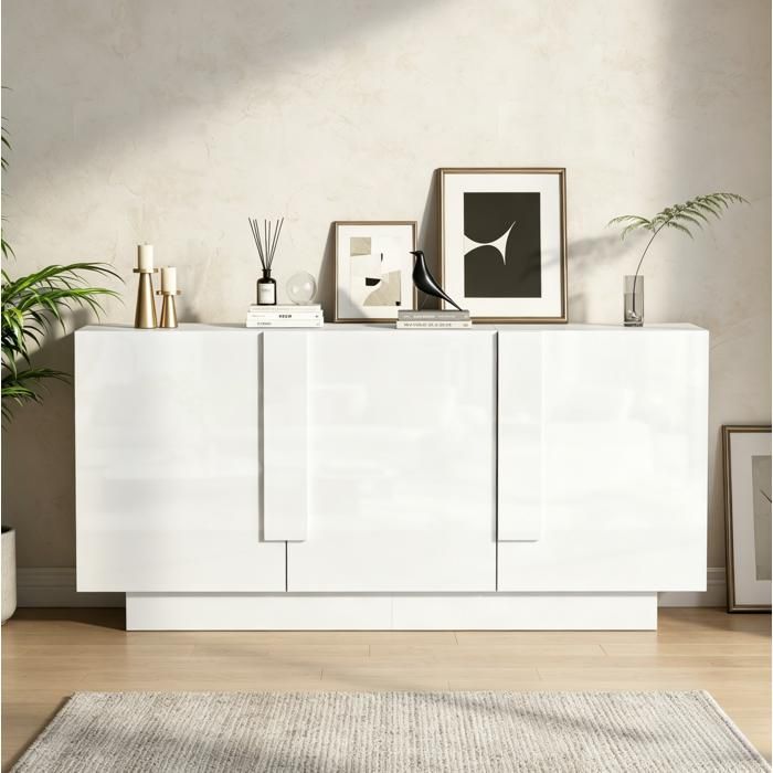 ROVRYN Buffet bas 160 x 35 x 60 cm 3 portes 6 espaces de rangement blanc brillant