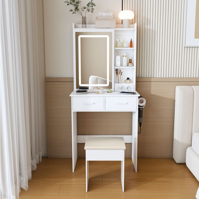 COVREO Coiffeuse blanche 60x36x136 cm avec miroir LED réglable 2 tiroirs 2 prises 2 ports USB tabouret inclus