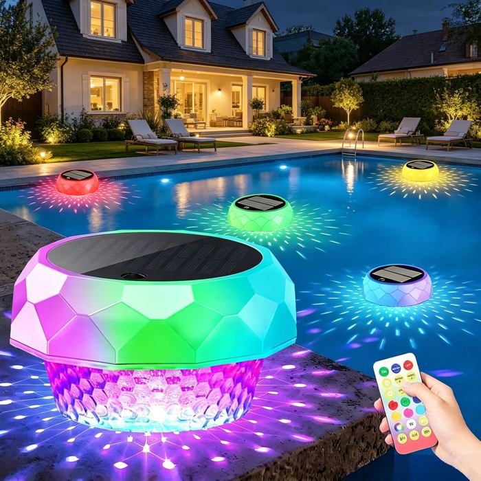 Lumiere Piscine Solaire Flottante avec Télécmande Lampe Piscine Hors Sol 7 Couleurs 3 Modes IP68 Étanche Boule Lumineu PROJECTEUR