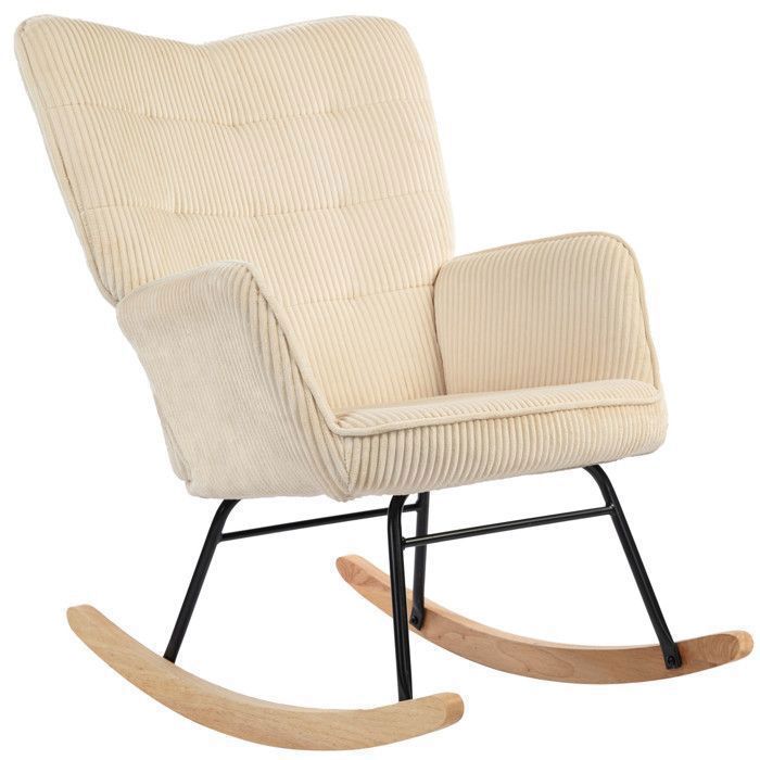 Fauteuil à bascule beige en velours côtelé avec accoudoirs dossier haut et base en bois 71 x 98 x 101 cm