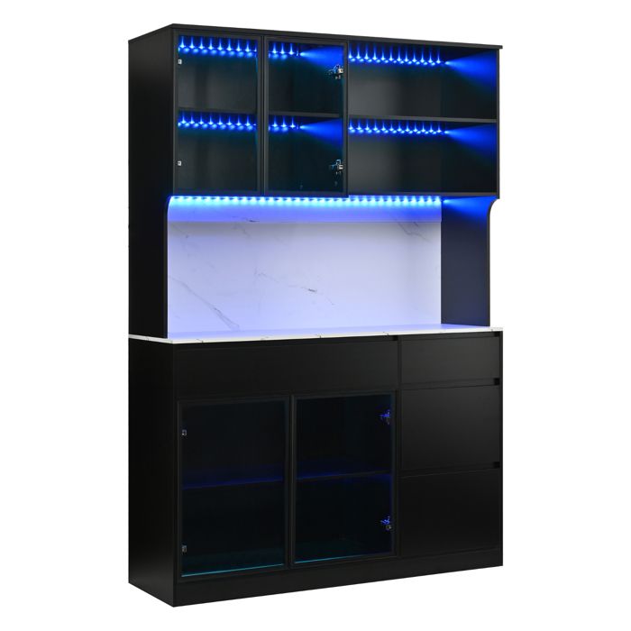 Armoire haute LED noir blanc 180cm avec effet marbre vitrines en verre et rangement MDF pour salon