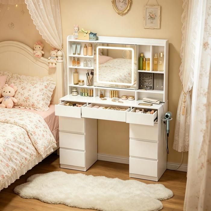 Coiffeuse - Modèle moderne - 9 tiroirs - Coffret 6 crochets - LED intégrée USB‑C