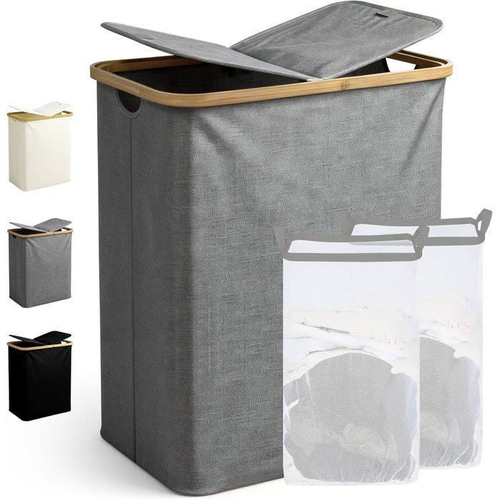 Panier À Linge Pliable De 130 LÀ 2 CompartimentsAvec Couvercle Et Sac À Linge AmoviblePour BuanderieSalle De BainChambr[CA230]