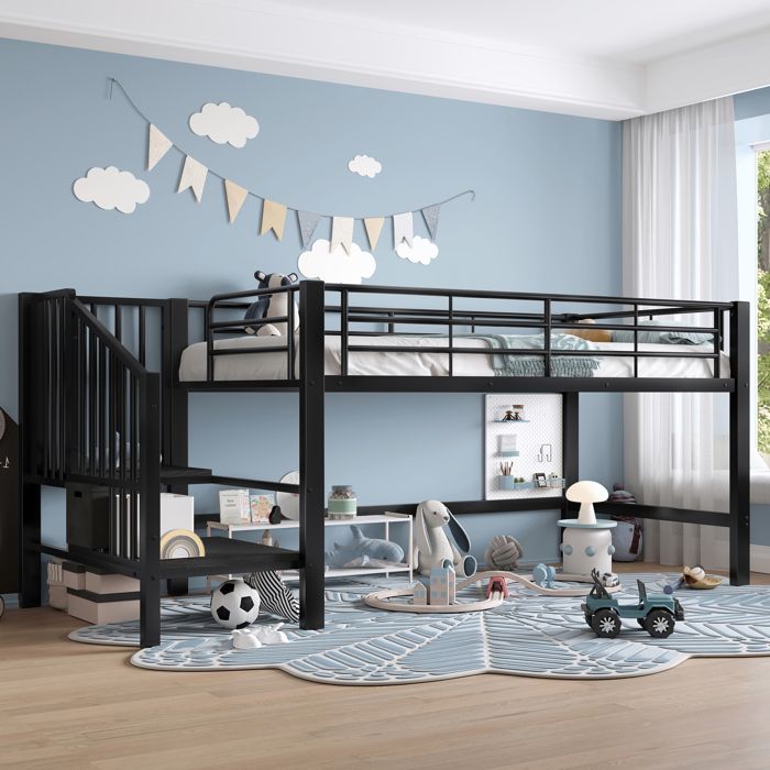 Lit mezzanine enfant - ZEVKOR - 90×200 - Escalier de rangement - Sommier 24 lattes - Métal noir
