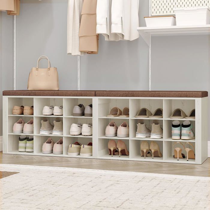 Banc à chaussures avec siège - 18 compartiments blanc et marron - 30 x 150 x 48 cm - étagères réglables - 150 kg