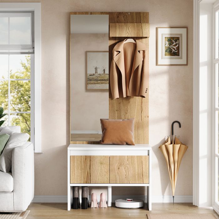 Vestiaire dentrée - ZEVKOR - Blanc et Naturel - Miroir intégré - 2 tiroirs - Banc à chaussures