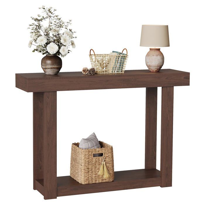 Table console étroite en bois de 117 cm rectangulaire style campagnard salon derrière le canapé aspect bois naturel marron