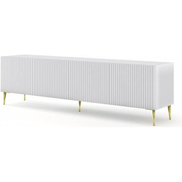 Meubles TV - Meuble TV Ravenna avec 4 portes en bois et pieds dorés - Blanc mat - L 200 x P 42 x H 56 cm Doré Meubles TV - Meuble TV Ravenna avec 4 portes en bois et pieds dorés - Blanc mat - L 200 x P 42 x H 56 cm Doré