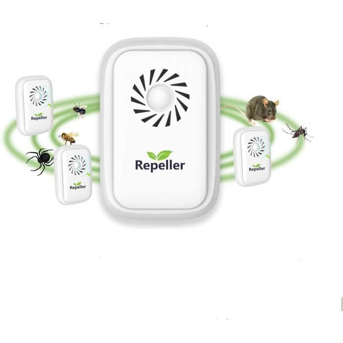 Lot De 4 Répulsifs à Ultrasons Anti Moustiques Et Rongeurs - Fréquence 20-65 KHz - Couverture Jusqu'à 120 M² - Sans Produit Chimique - Pour Intérieur - 7