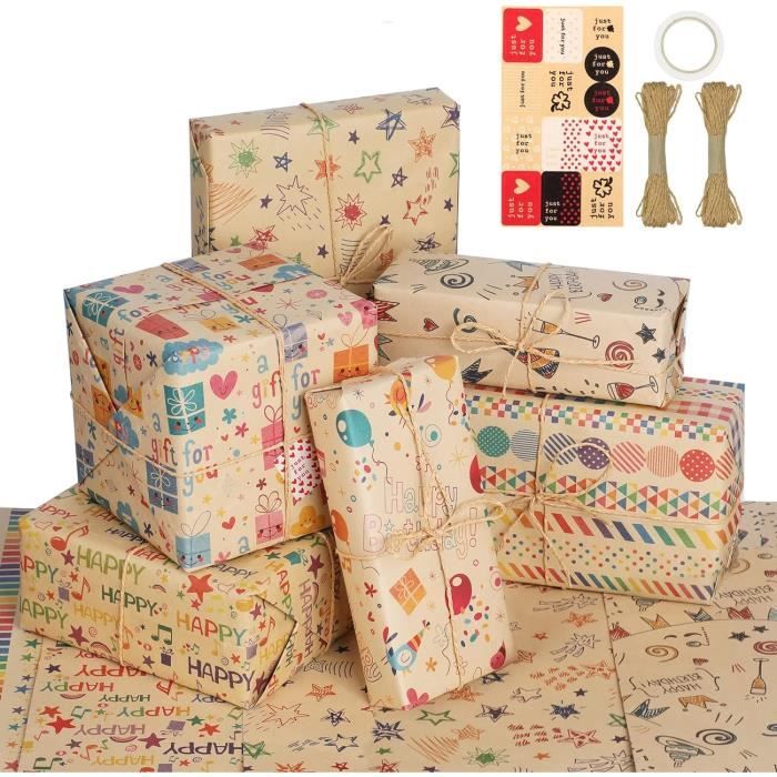 7 Papier Cadeau Kraft, Papier Anniversaire d'Emballage, Emballage Cadeau  Papier Rétro, Papier Cadeau Anniversaire Enfant