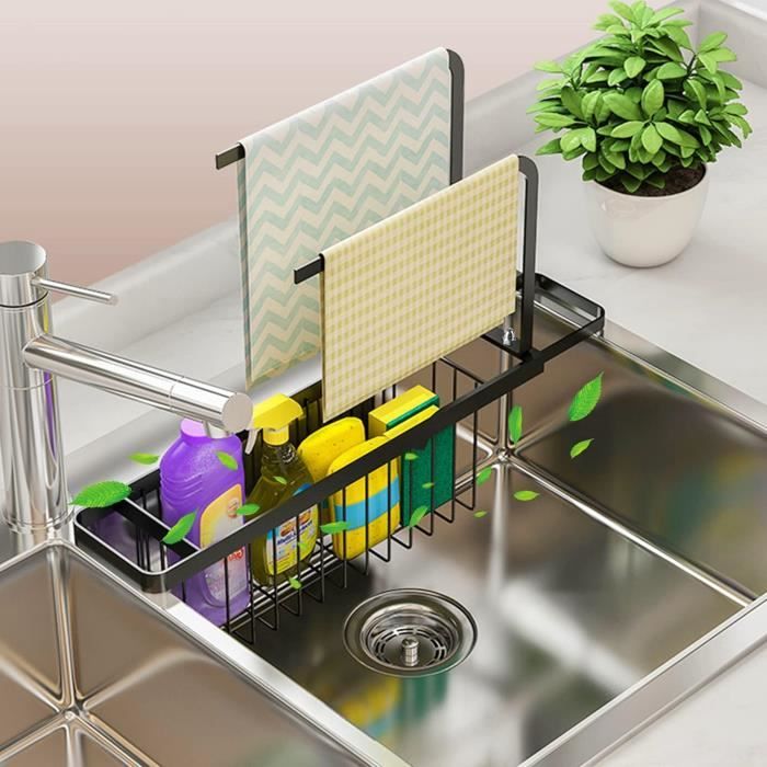 Organisateur Évier Télescopique QWORK – Range-Éponge Cuisine Réglable 32-45 Cm Noir Porte-Serviette